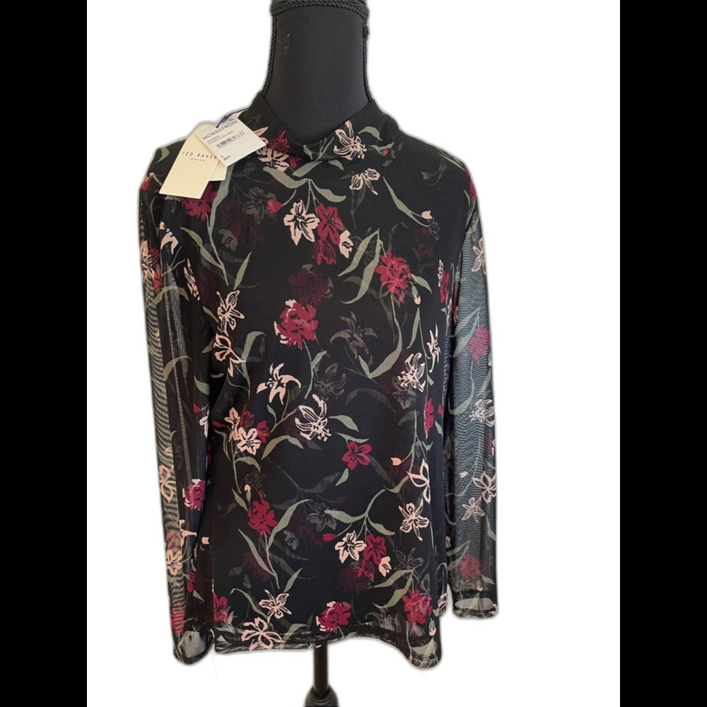 Ted Baker Mock Neck Mesh Dark Floral Long Sheer Sleeve Top L NWT Whimsigoth